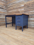 Vintage Teak Veneer Pedestal Desk Midnight Blue Three Drawers