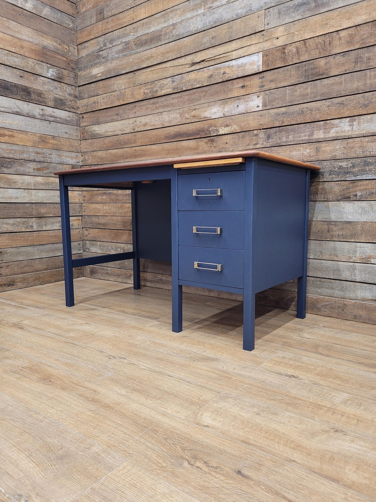 Vintage Teak Veneer Pedestal Desk Midnight Blue Three Drawers
