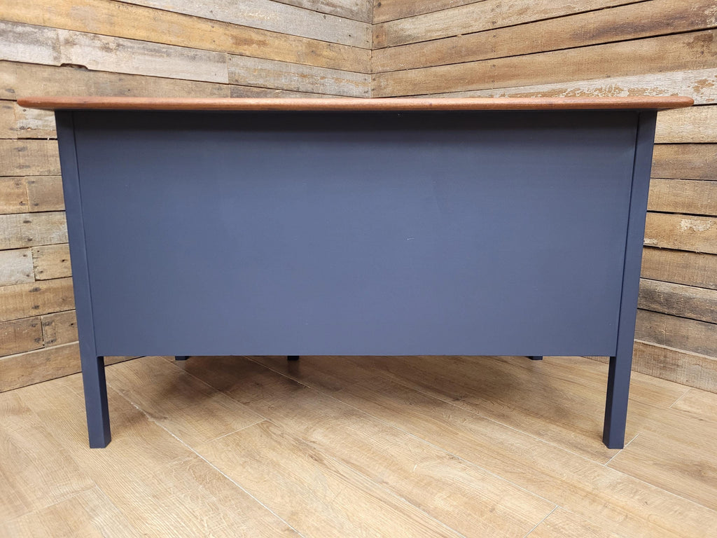 Vintage Teak Veneer Pedestal Desk Midnight Blue Three Drawers