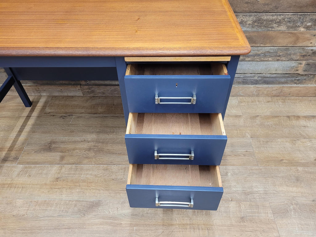 Vintage Teak Veneer Pedestal Desk Midnight Blue Three Drawers