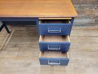 Vintage Teak Veneer Pedestal Desk Midnight Blue Three Drawers
