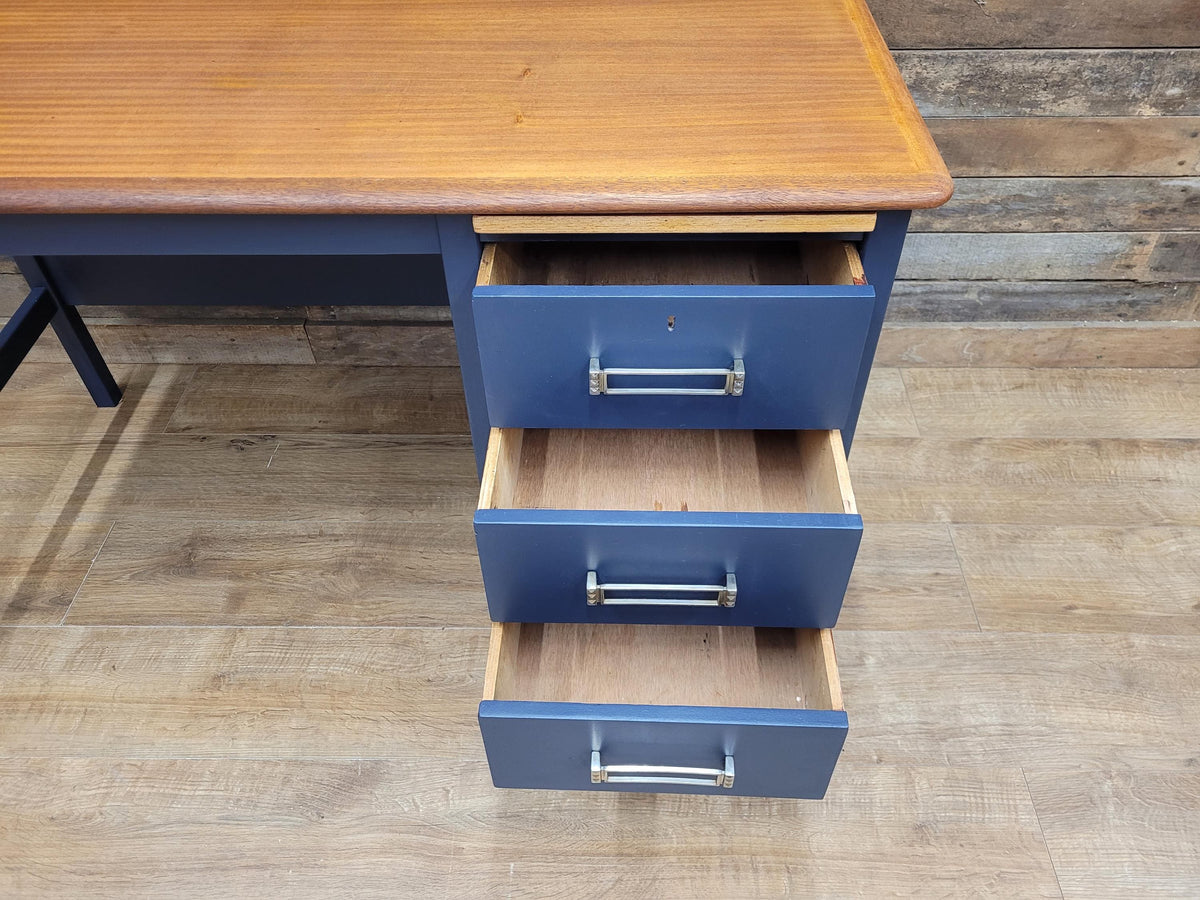 Vintage Teak Veneer Pedestal Desk Midnight Blue Three Drawers