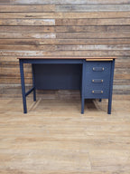 Vintage Teak Veneer Pedestal Desk Midnight Blue Three Drawers
