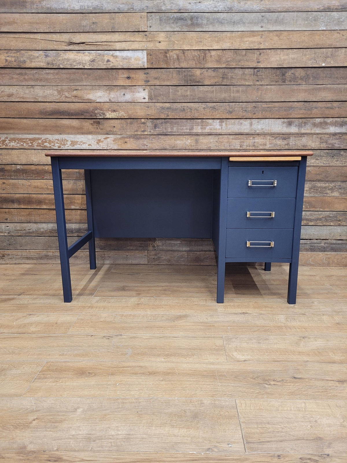 Vintage Teak Veneer Pedestal Desk Midnight Blue Three Drawers