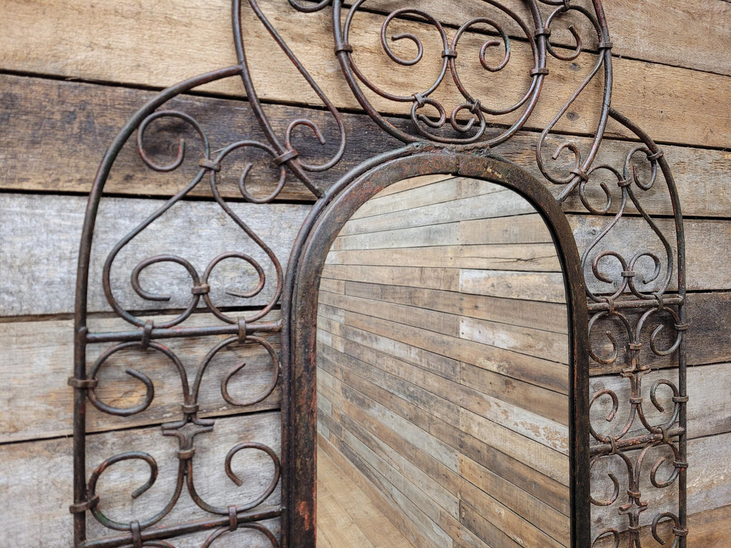 Reclaimed Architectural Wrought Iron Grille Mirror Early Mid Century