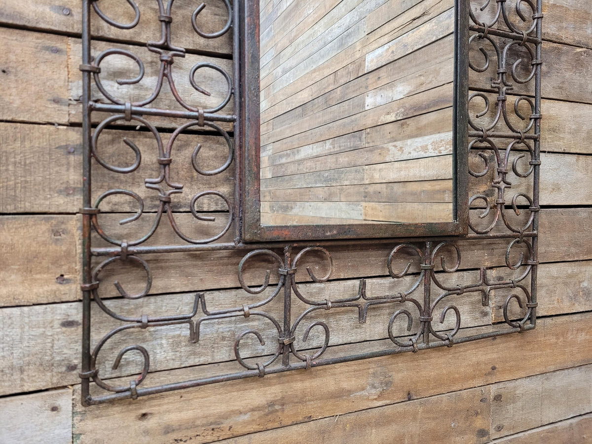 Reclaimed Architectural Wrought Iron Grille Mirror Early Mid Century