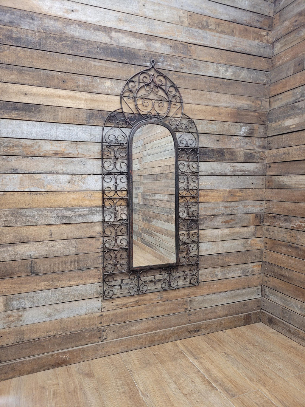 Reclaimed Architectural Wrought Iron Grille Mirror Early Mid Century