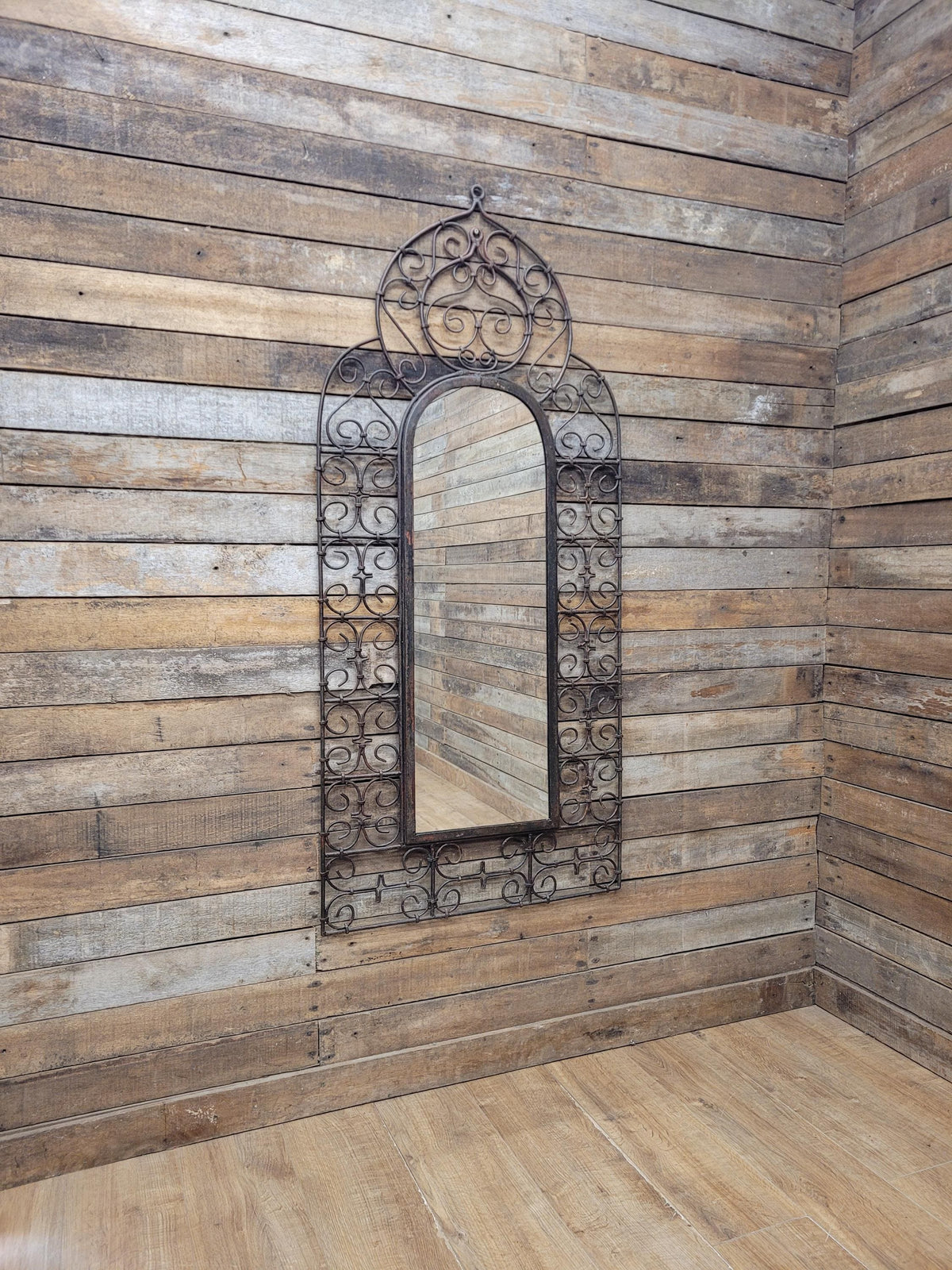 Reclaimed Architectural Wrought Iron Grille Mirror Early Mid Century