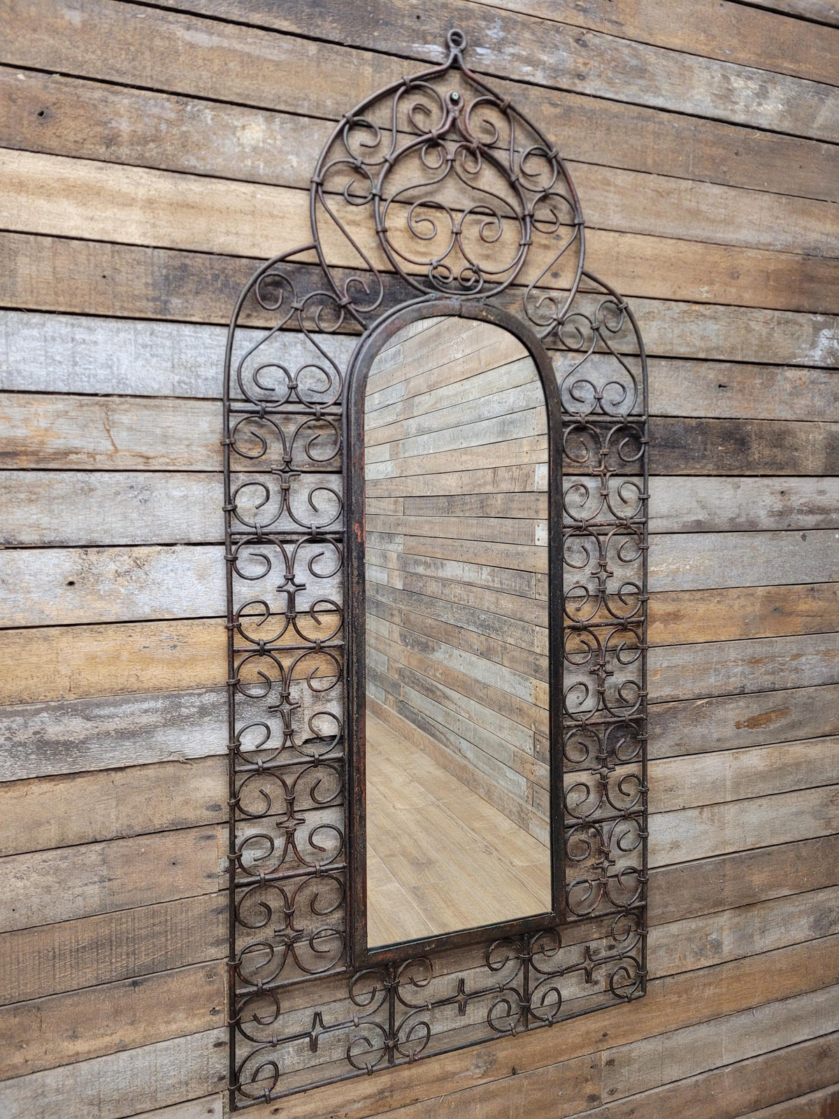 Reclaimed Architectural Wrought Iron Grille Mirror Early Mid Century