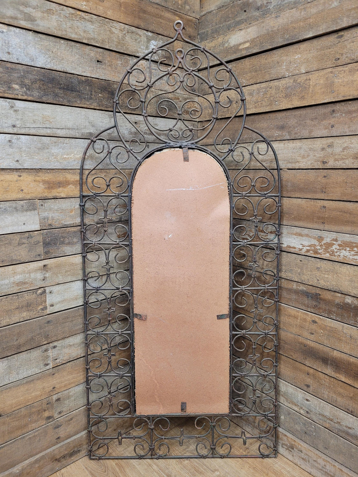 Reclaimed Architectural Wrought Iron Grille Mirror Early Mid Century