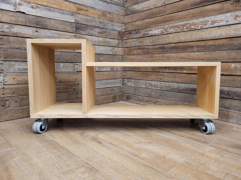 Solid Oak Finger Joint Media Unit TV Stand Industrial Castors