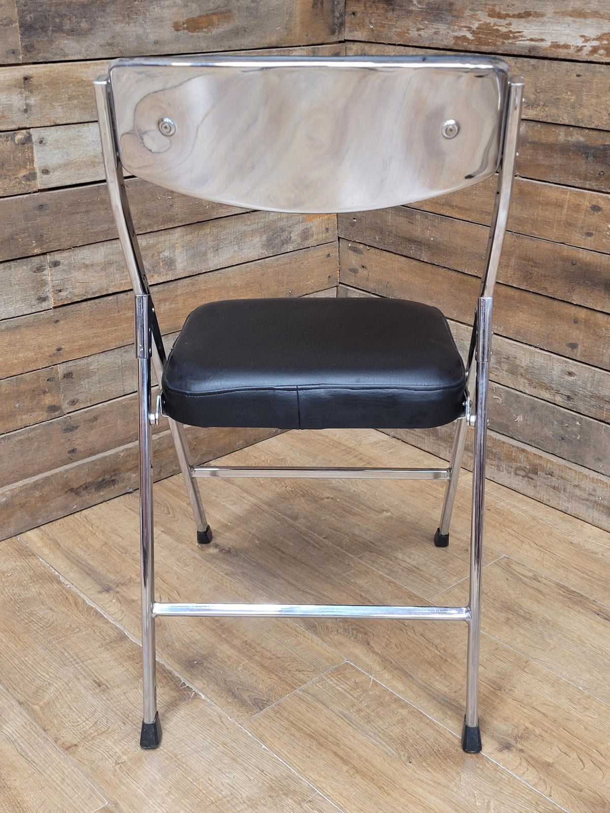 Four Mid Century Chrome Folding Chairs Black Vinyl Space Age MCM Retro Chic