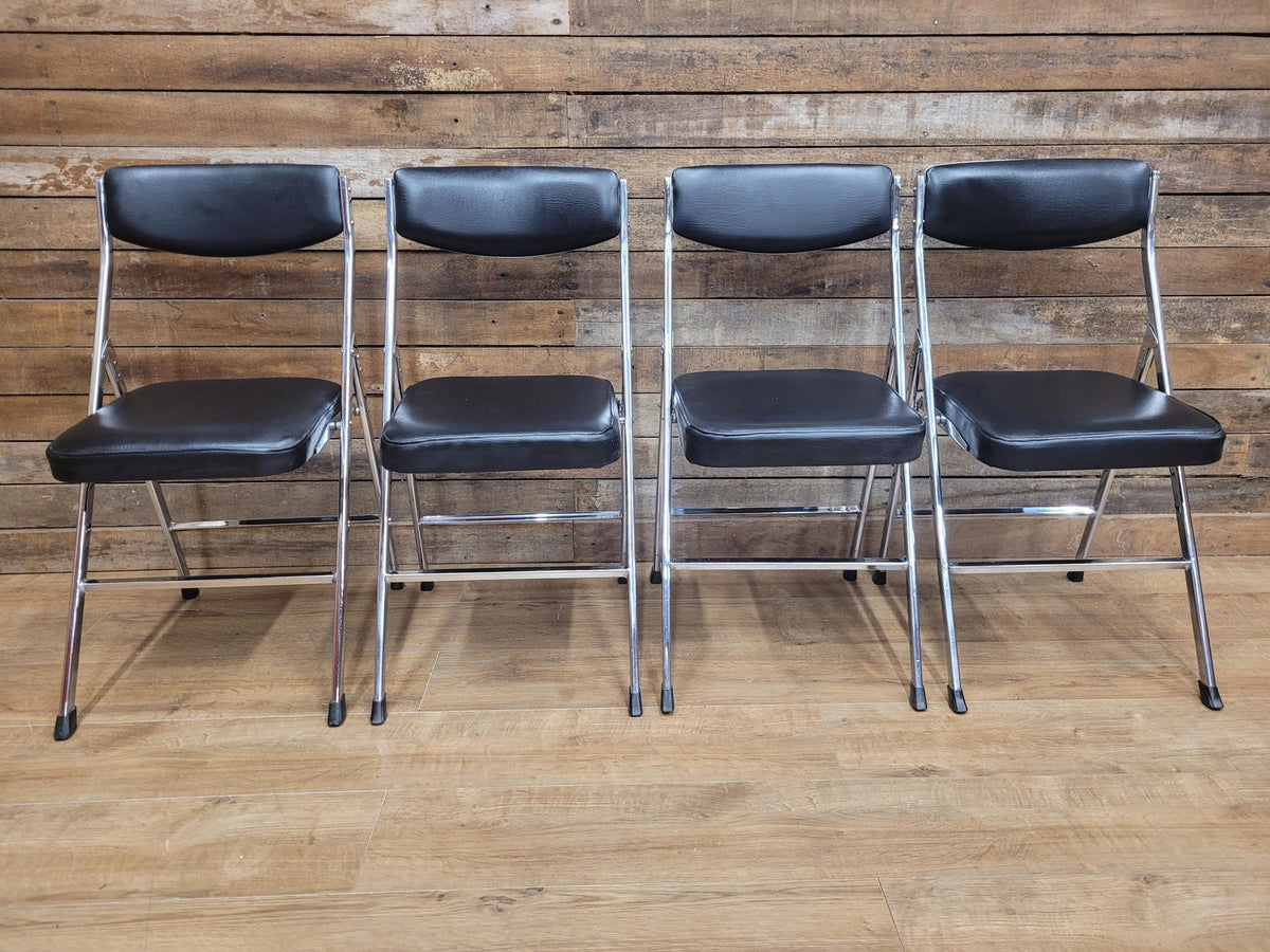 Four Mid Century Chrome Folding Chairs Black Vinyl Space Age MCM Retro Chic