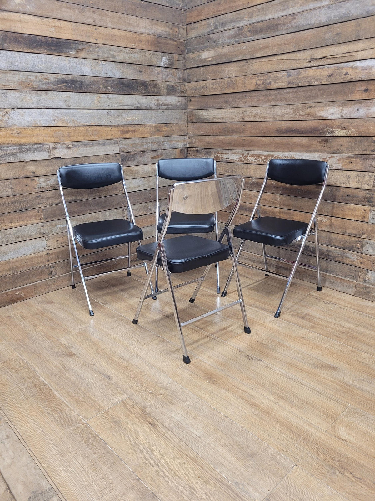 Four Mid Century Chrome Folding Chairs Black Vinyl Space Age MCM Retro Chic