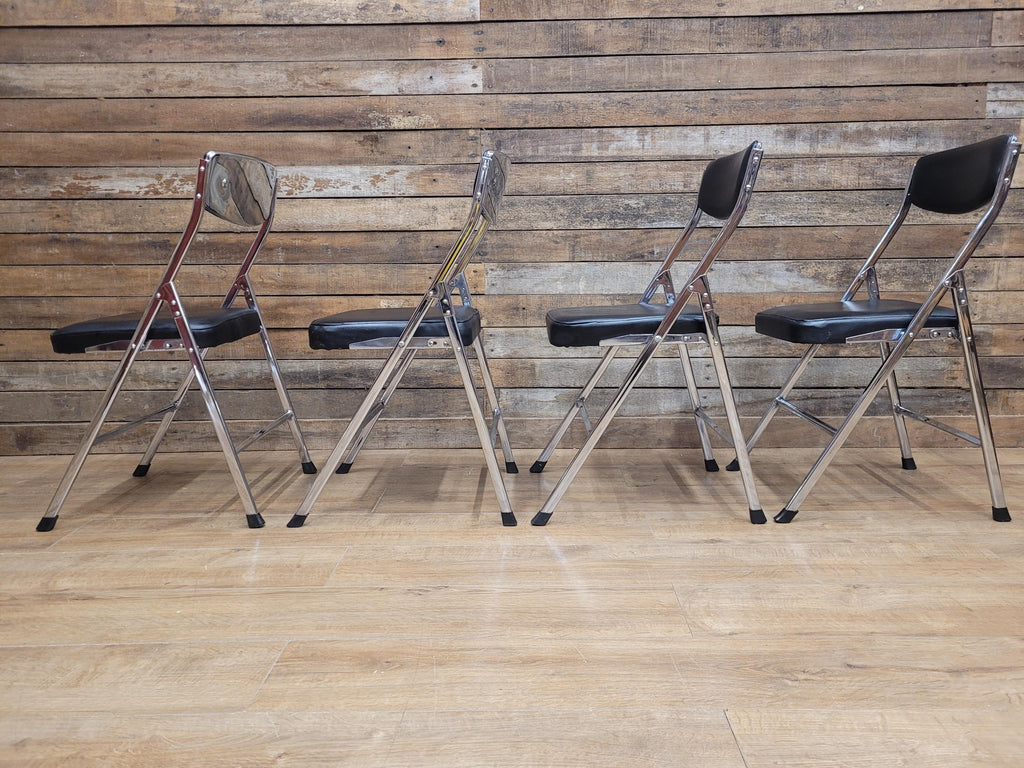 Four Mid Century Chrome Folding Chairs Black Vinyl Space Age MCM Retro Chic