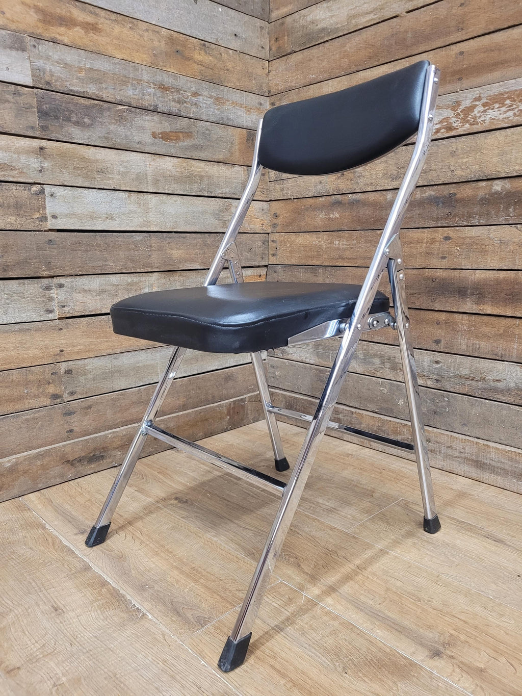 Four Mid Century Chrome Folding Chairs Black Vinyl Space Age MCM Retro Chic