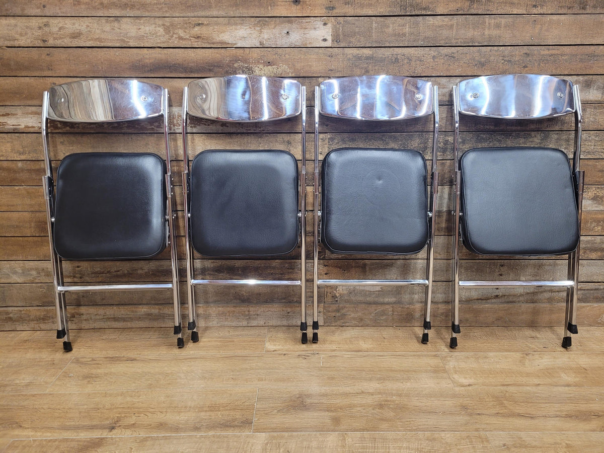 Four Mid Century Chrome Folding Chairs Black Vinyl Space Age MCM Retro Chic