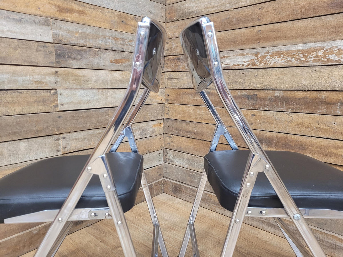 Four Mid Century Chrome Folding Chairs Black Vinyl Space Age MCM Retro Chic