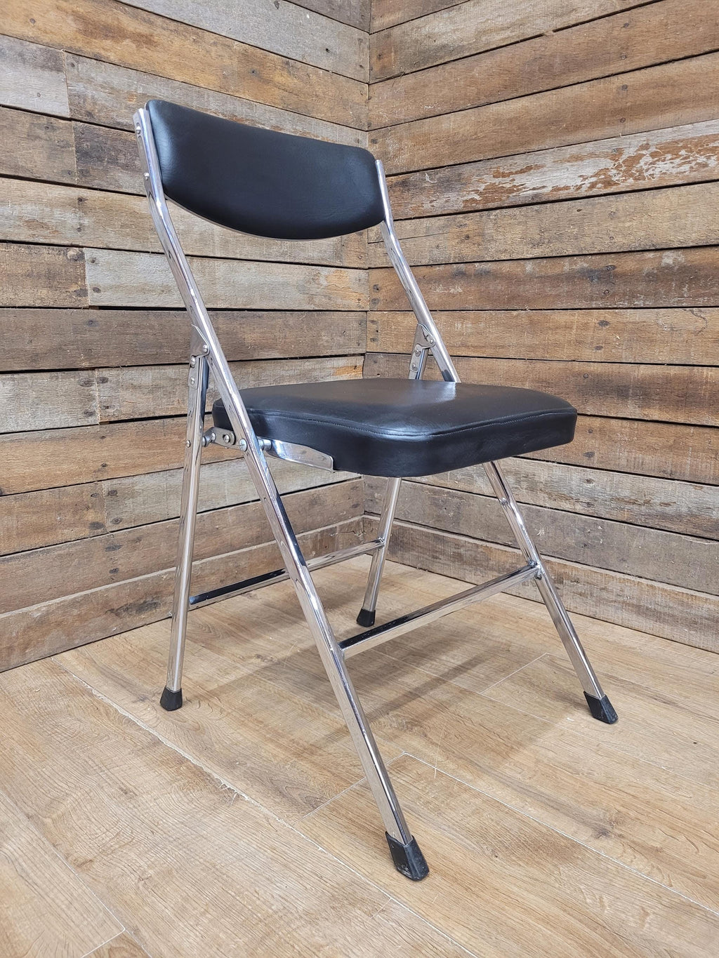 Four Mid Century Chrome Folding Chairs Black Vinyl Space Age MCM Retro Chic
