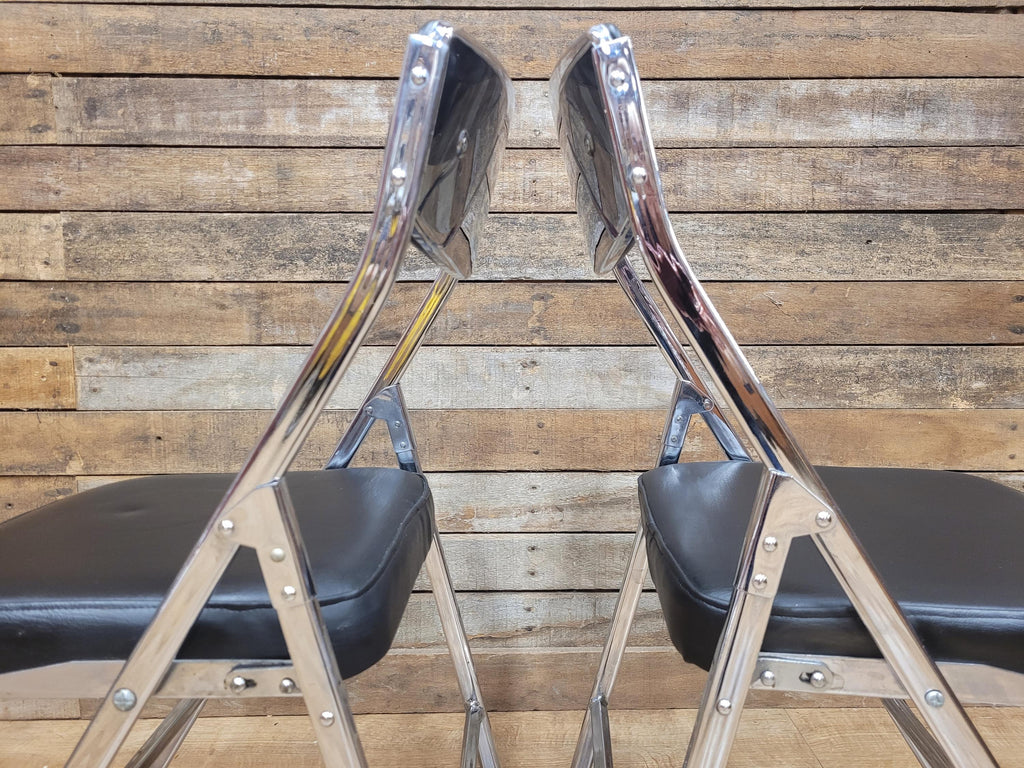 Four Mid Century Chrome Folding Chairs Black Vinyl Space Age MCM Retro Chic
