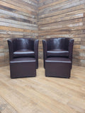 Pair Brown Faux Leather Tub Chairs With Matching Footstools