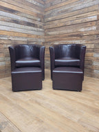 Pair Brown Faux Leather Tub Chairs With Matching Footstools