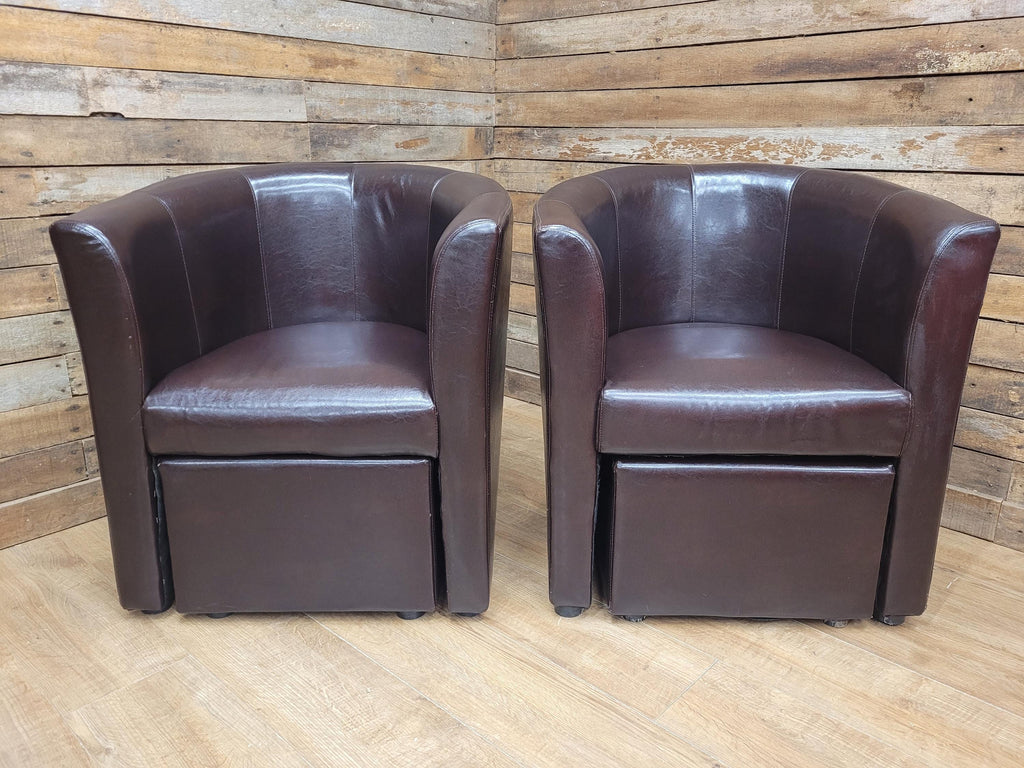 Pair Brown Faux Leather Tub Chairs With Matching Footstools