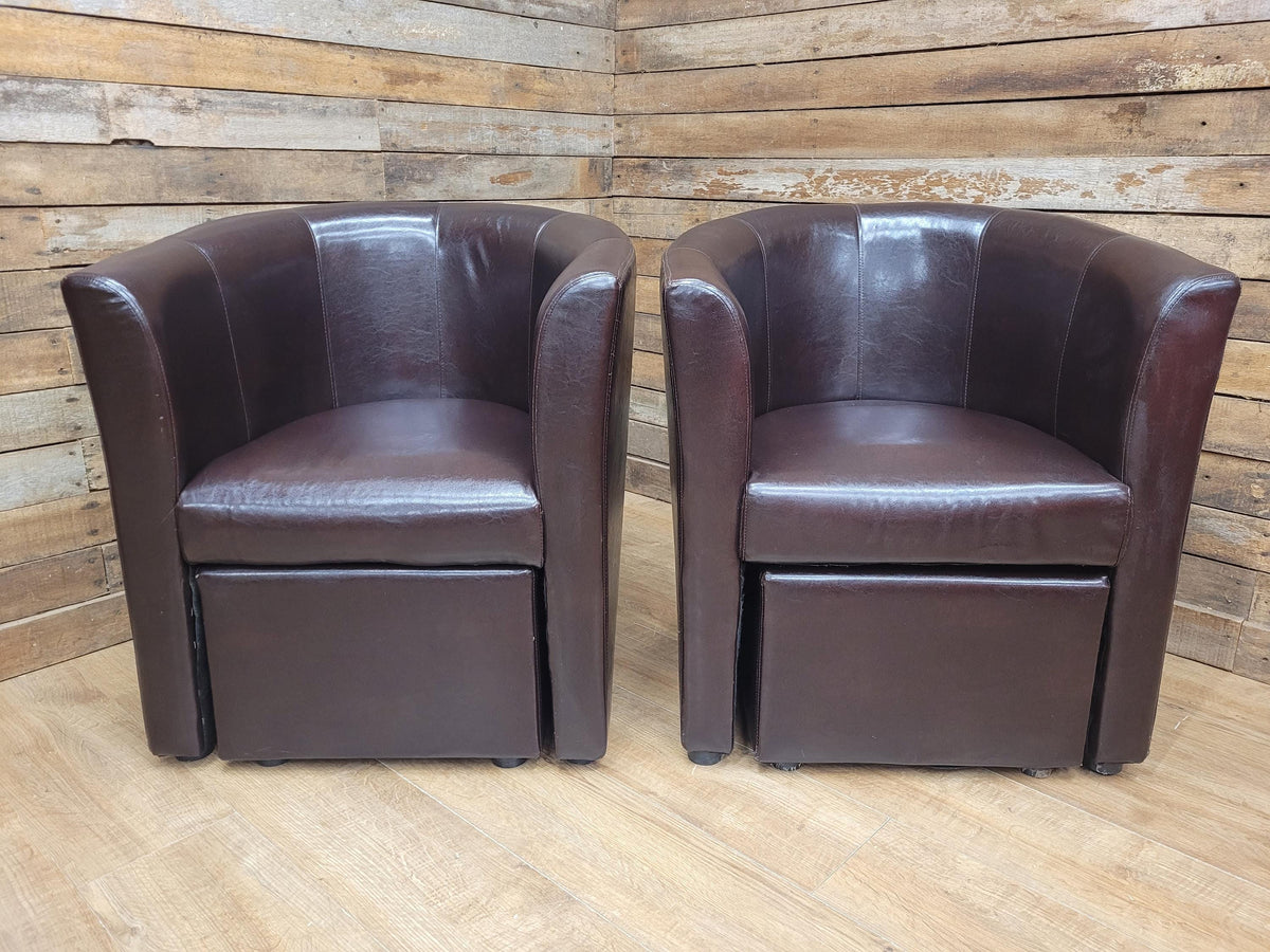 Pair Brown Faux Leather Tub Chairs With Matching Footstools