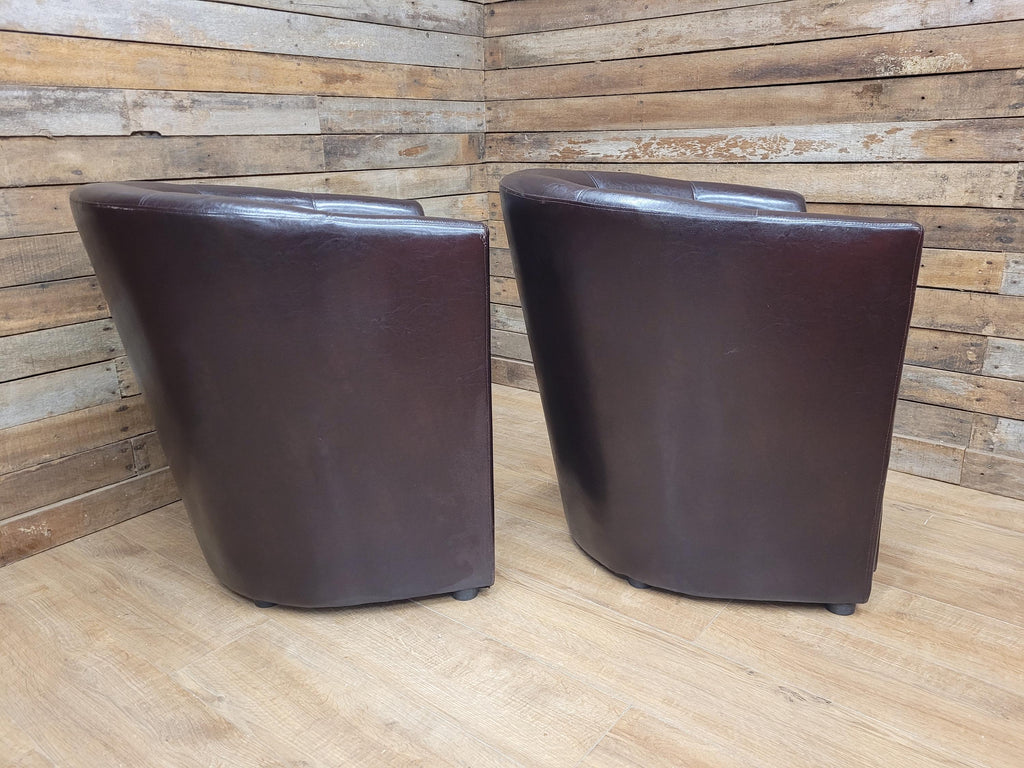 Pair Brown Faux Leather Tub Chairs With Matching Footstools