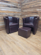 Pair Brown Faux Leather Tub Chairs With Matching Footstools