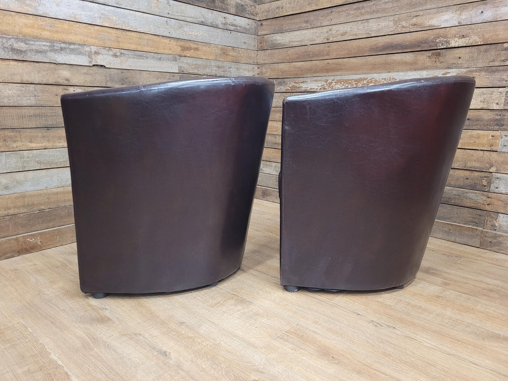 Pair Brown Faux Leather Tub Chairs With Matching Footstools