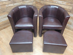 Pair Brown Faux Leather Tub Chairs With Matching Footstools