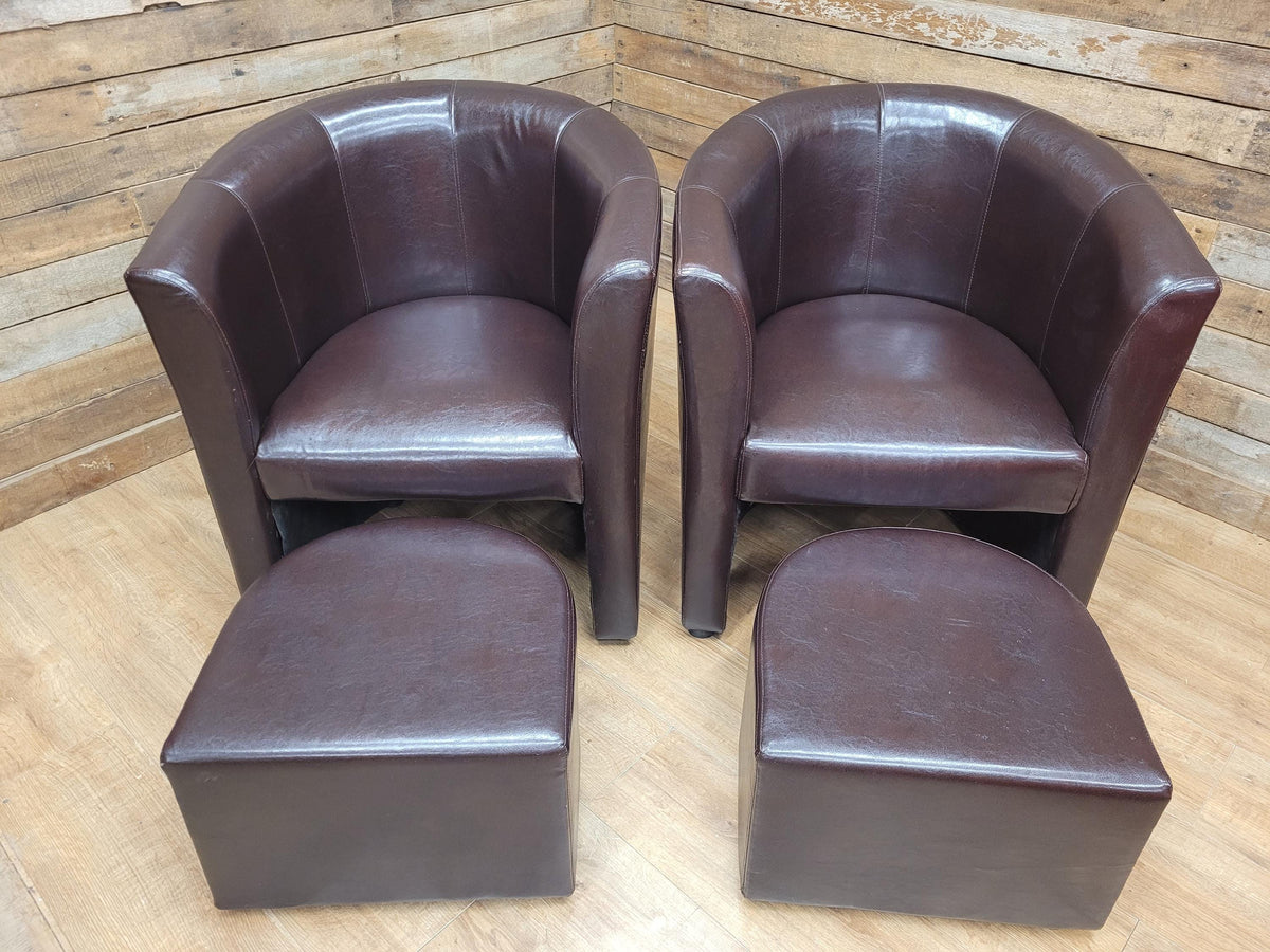 Pair Brown Faux Leather Tub Chairs With Matching Footstools