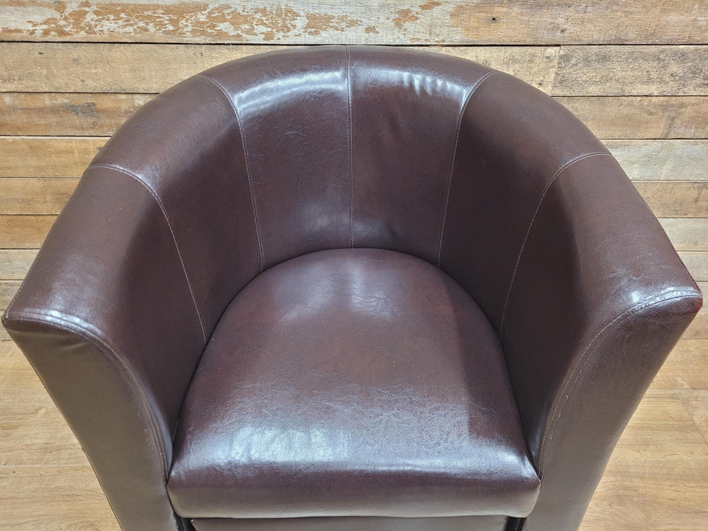 Pair Brown Faux Leather Tub Chairs With Matching Footstools