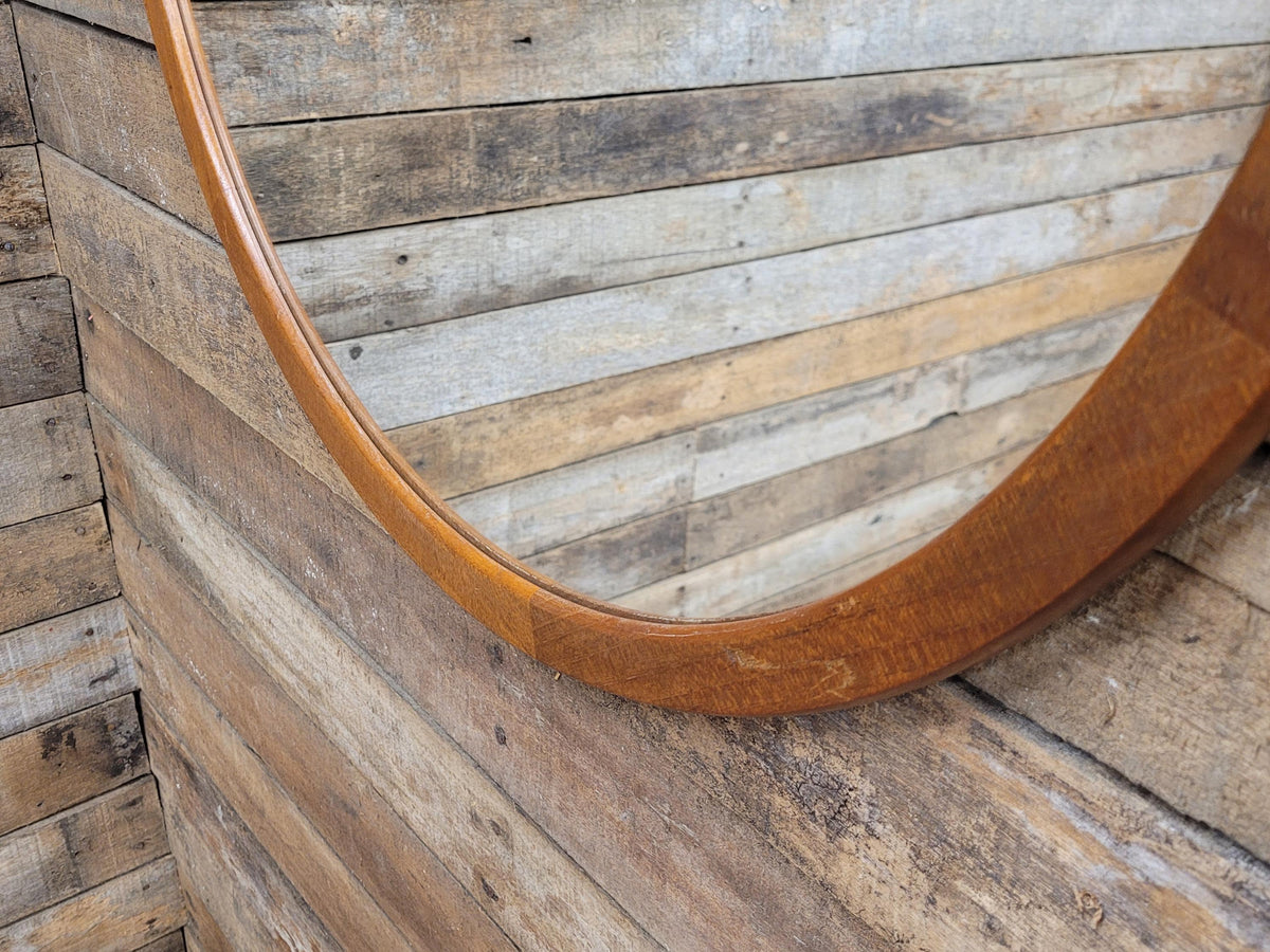 Vintage Round Afrormosia Teak Wall Mirror Mid Century Segmented Frame