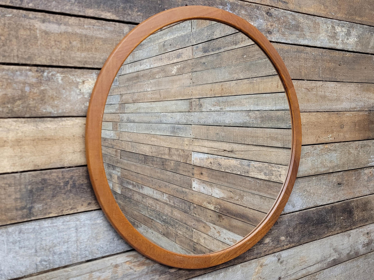 Vintage Round Afrormosia Teak Wall Mirror Mid Century Segmented Frame
