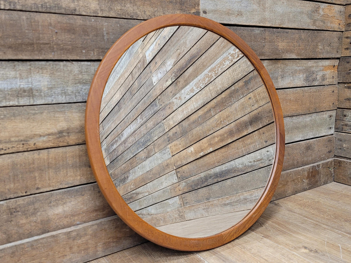 Vintage Round Afrormosia Teak Wall Mirror Mid Century Segmented Frame
