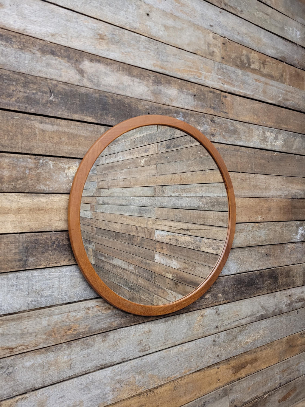 Vintage Round Afrormosia Teak Wall Mirror Mid Century Segmented Frame