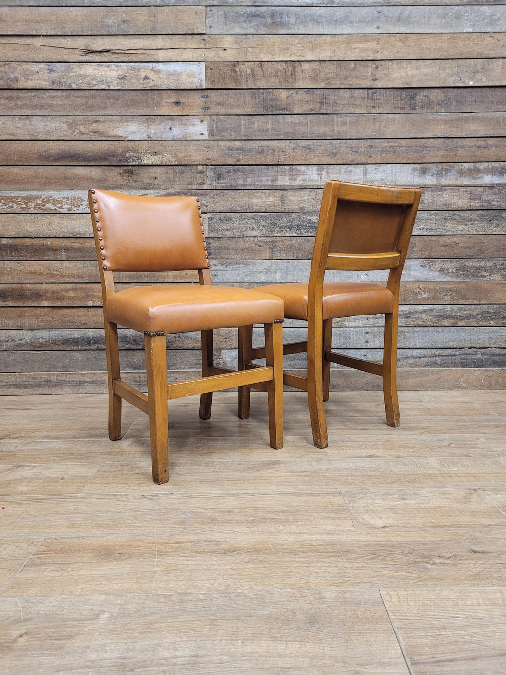 Pair Vintage Dining Chairs Tan Faux Leather Studded Wooden Frames