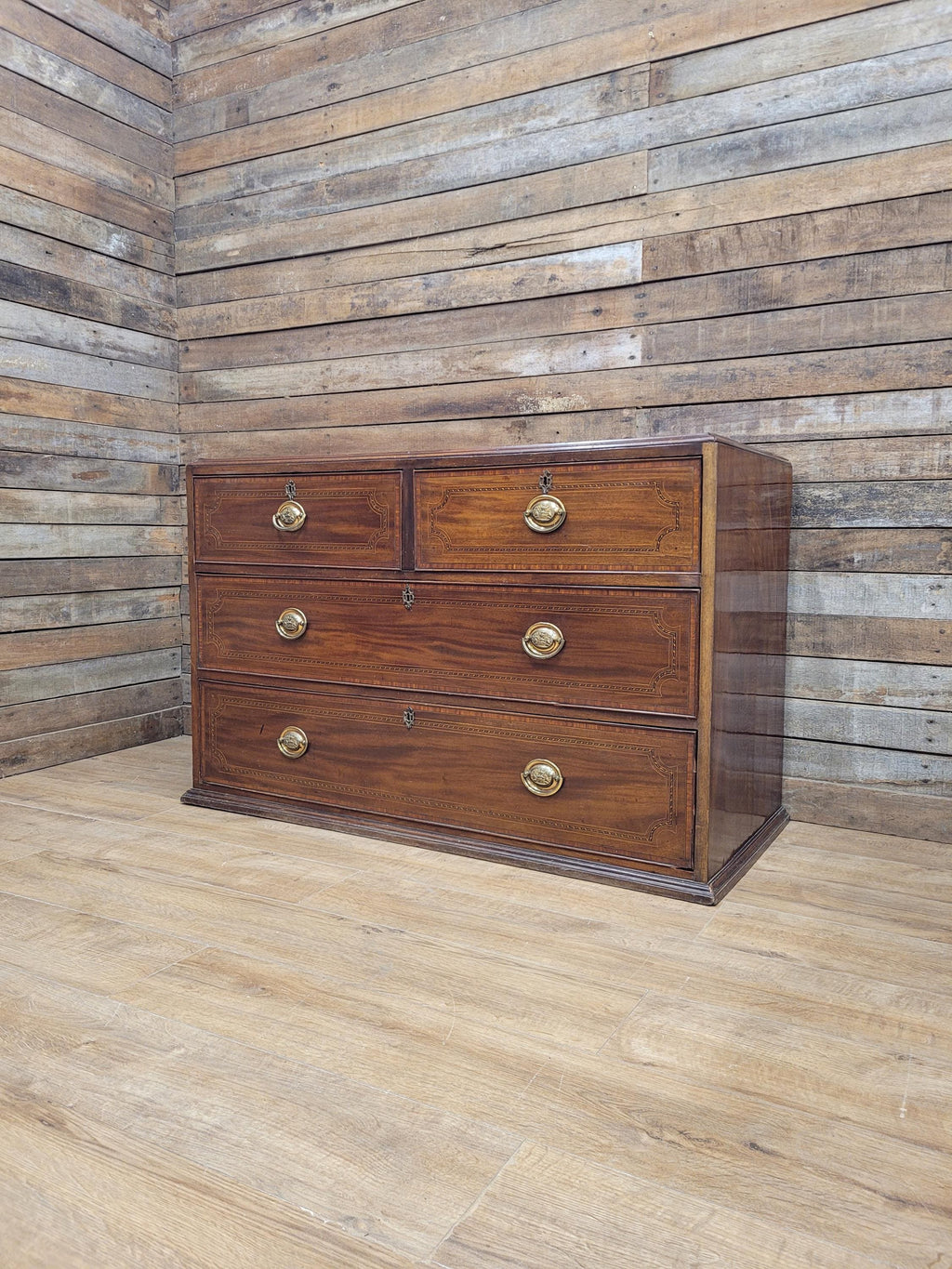 Antique Mahogany Chest Of Drawers Inlaid Brass Handles Plinth Base