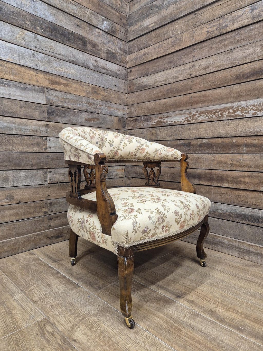 Antique Captains Desk Tub Chair Smokers Bow Back Floral Upholstery