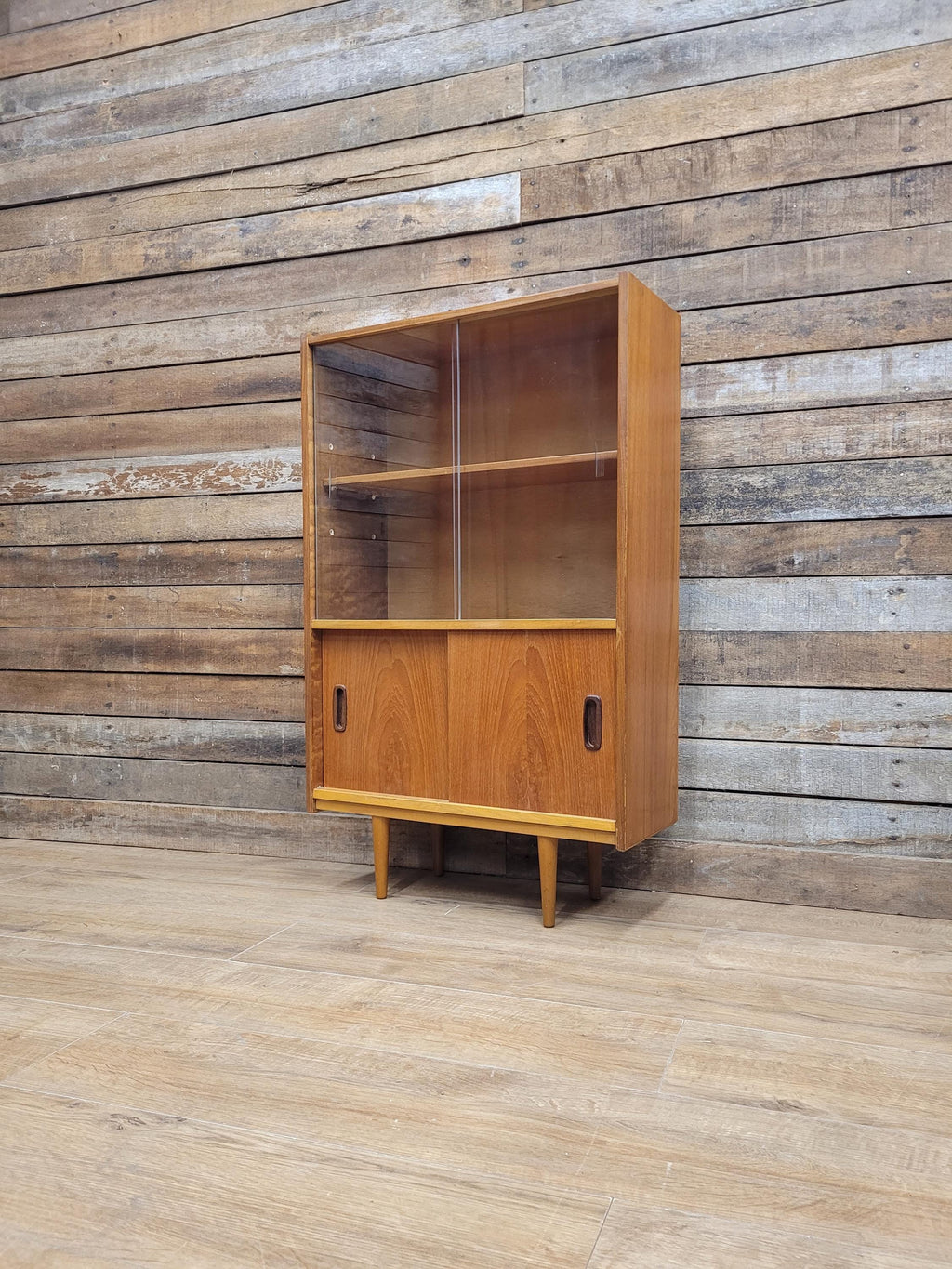 Slim Mid Century Teak Glazed Bookcase Compact Display Cabinet Sliding Doors