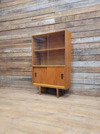 Slim Mid Century Teak Glazed Bookcase Compact Display Cabinet Sliding Doors