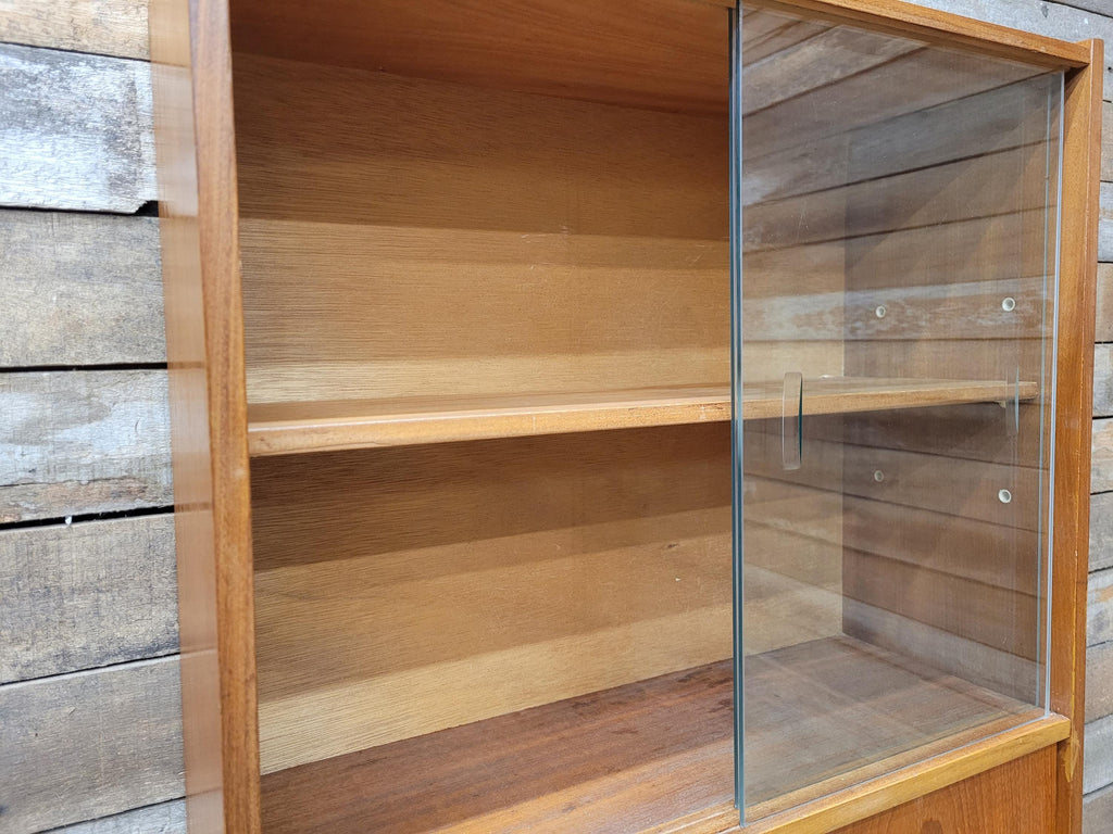 Slim Mid Century Teak Glazed Bookcase Compact Display Cabinet Sliding Doors