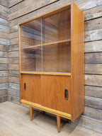 Slim Mid Century Teak Glazed Bookcase Compact Display Cabinet Sliding Doors