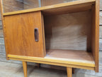 Slim Mid Century Teak Glazed Bookcase Compact Display Cabinet Sliding Doors