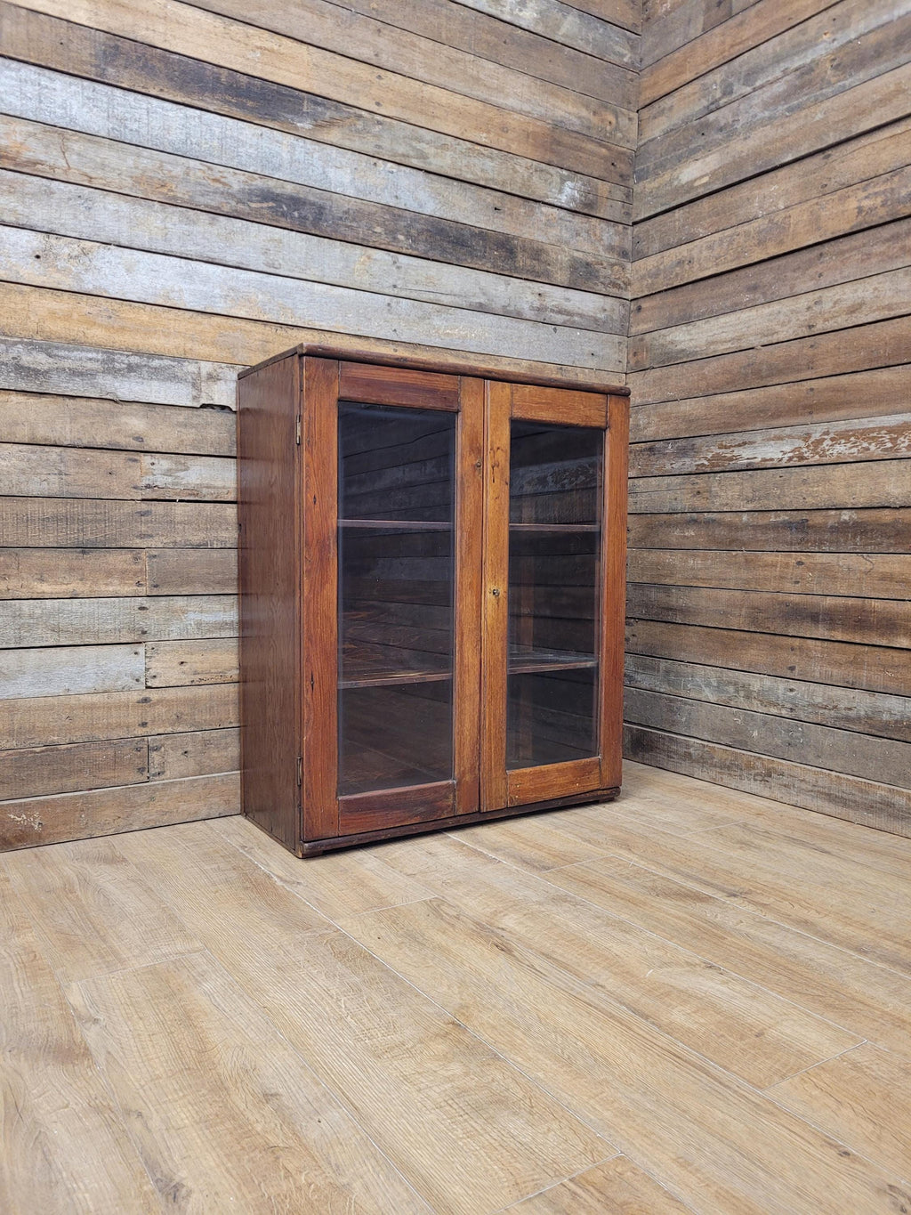 Vintage Pine Glazed Display Cabinet Two Doors Rustic Bookcase