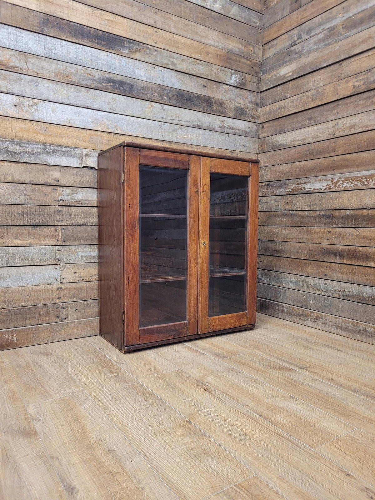 Vintage Pine Glazed Display Cabinet Two Doors Rustic Bookcase