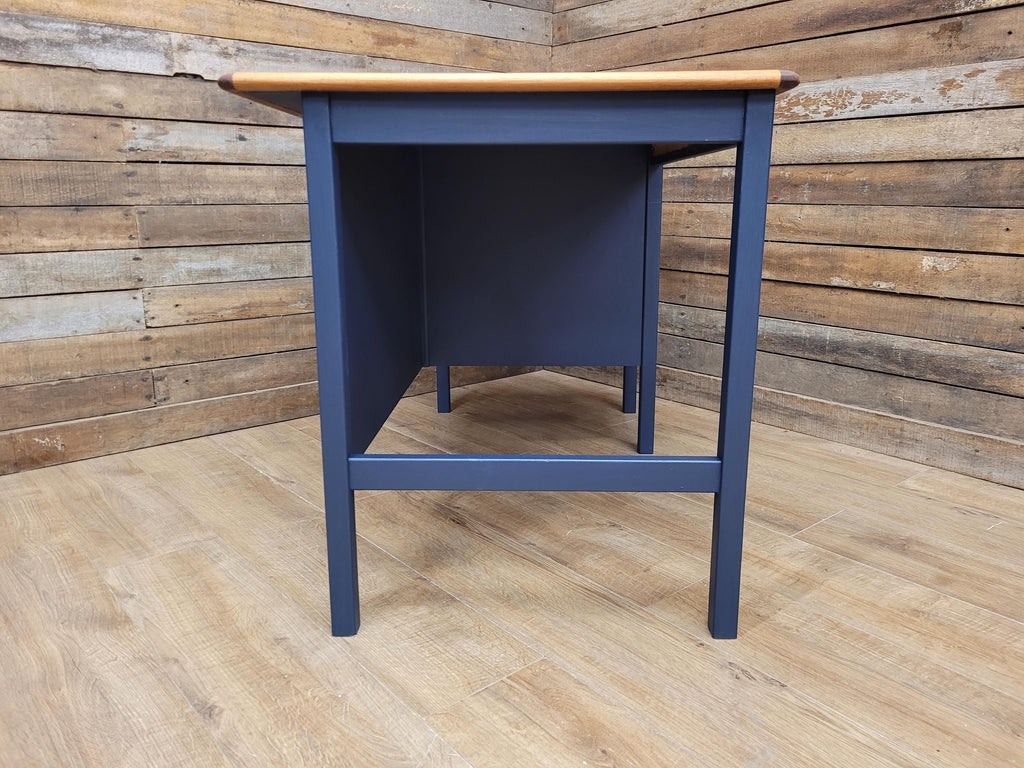 Vintage Teak Veneer Pedestal Desk Midnight Blue Three Drawers
