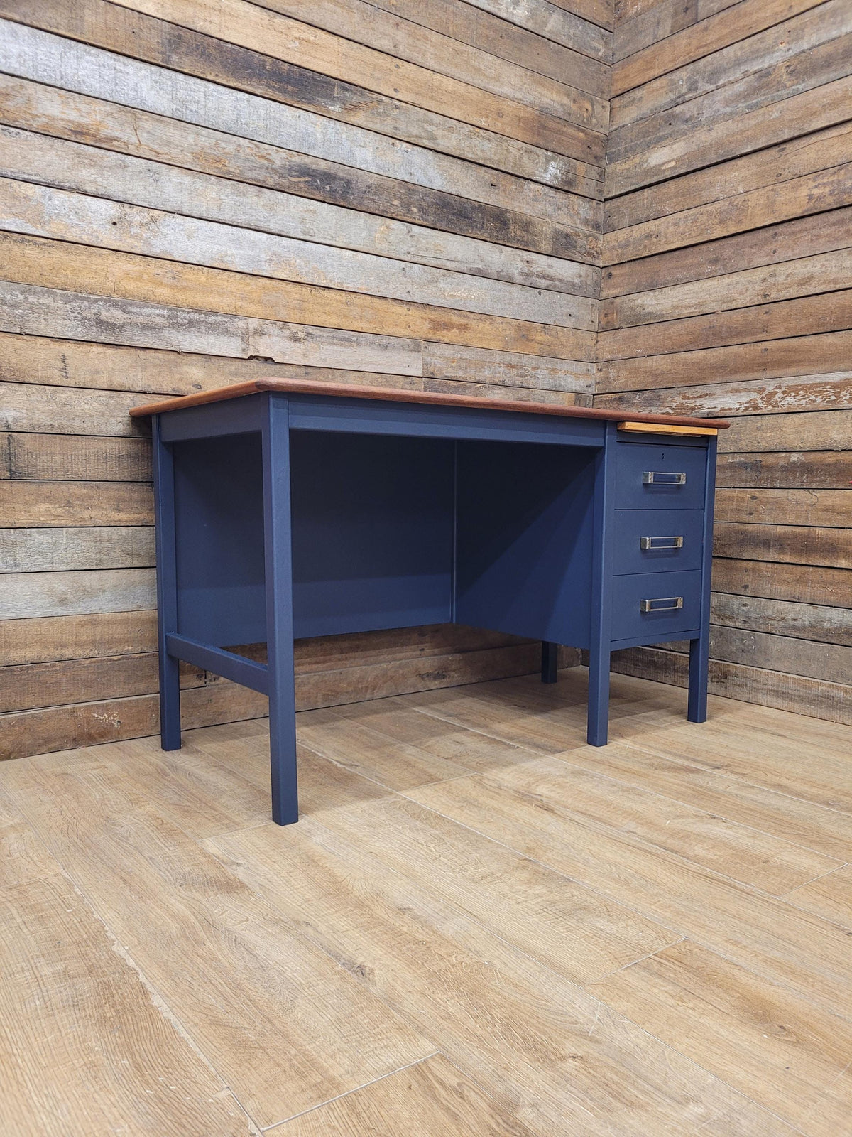Vintage Teak Veneer Pedestal Desk Midnight Blue Three Drawers